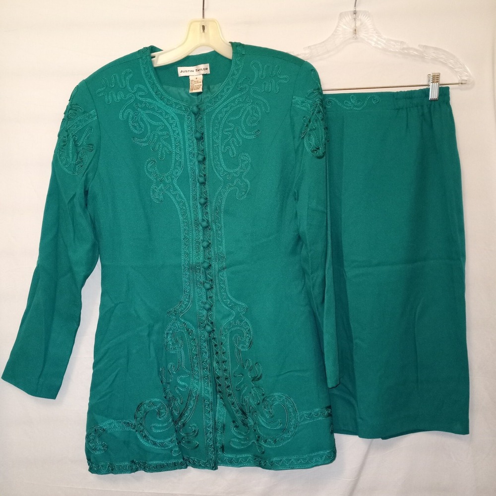 Justin Taylor Sz 8 Skirt Suit Green Embroidered Tunic Lined Elastic Vintage F4‎